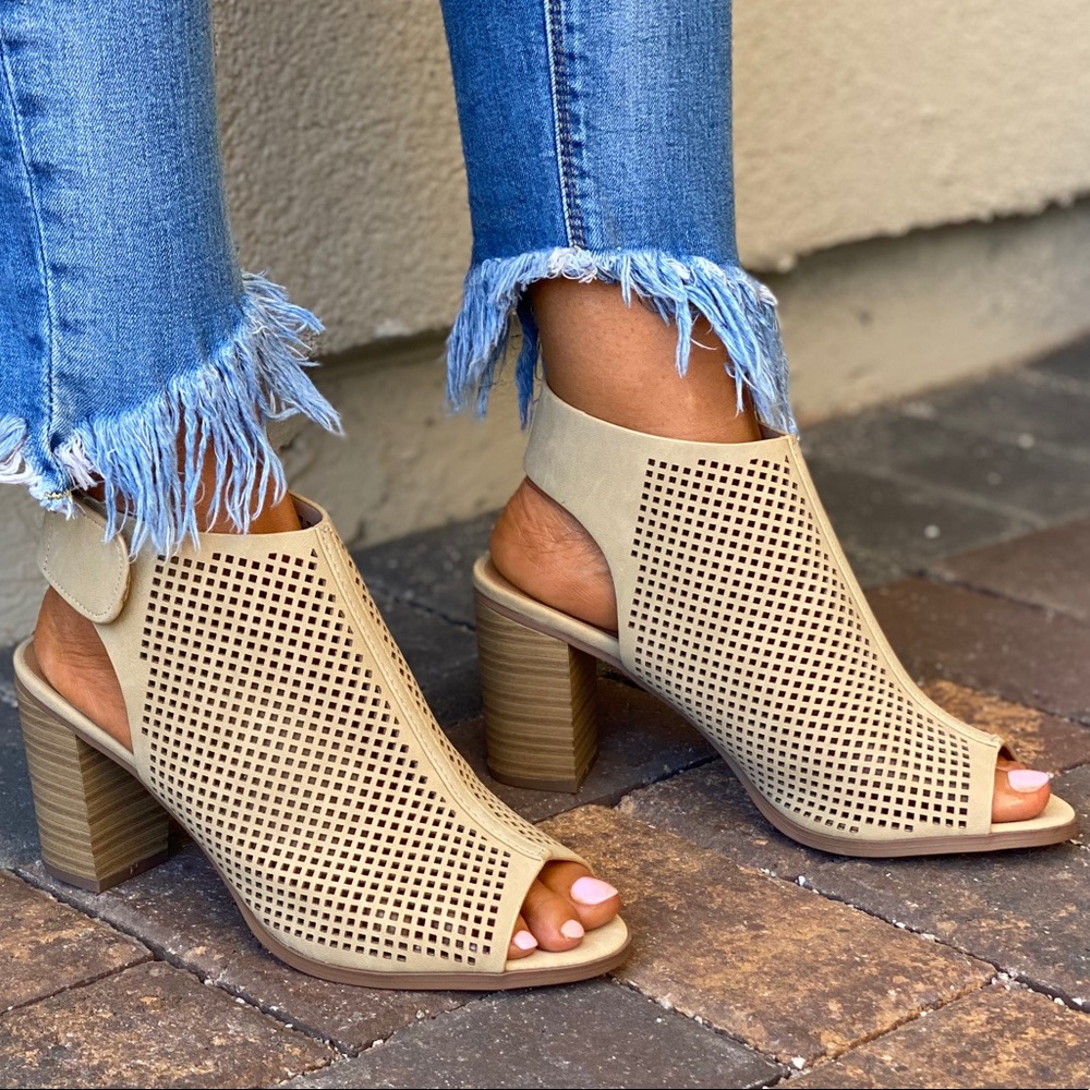 Chic Perforated Peep Toe Velcro Ankle Strap Bootie